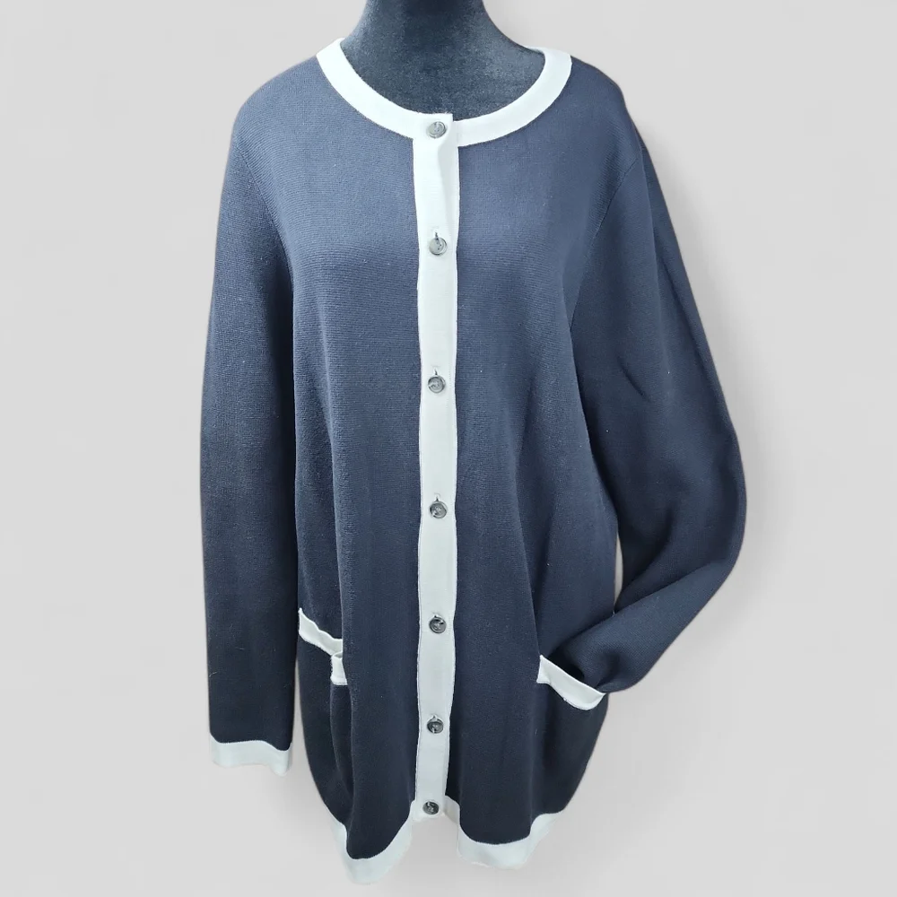 LANDS' END | Classic Closet Staple Black and White 100% Cotton Prep Cardigan | L